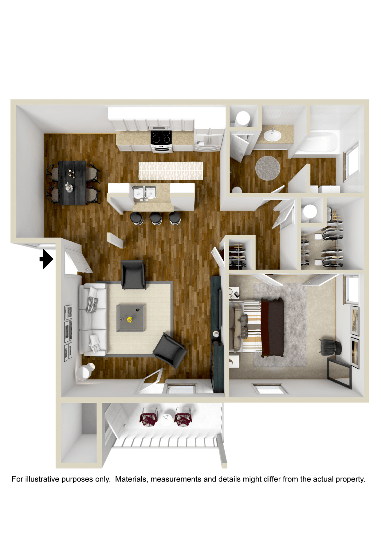Floor plan for 1 bed, 1 bath, 870 sqft